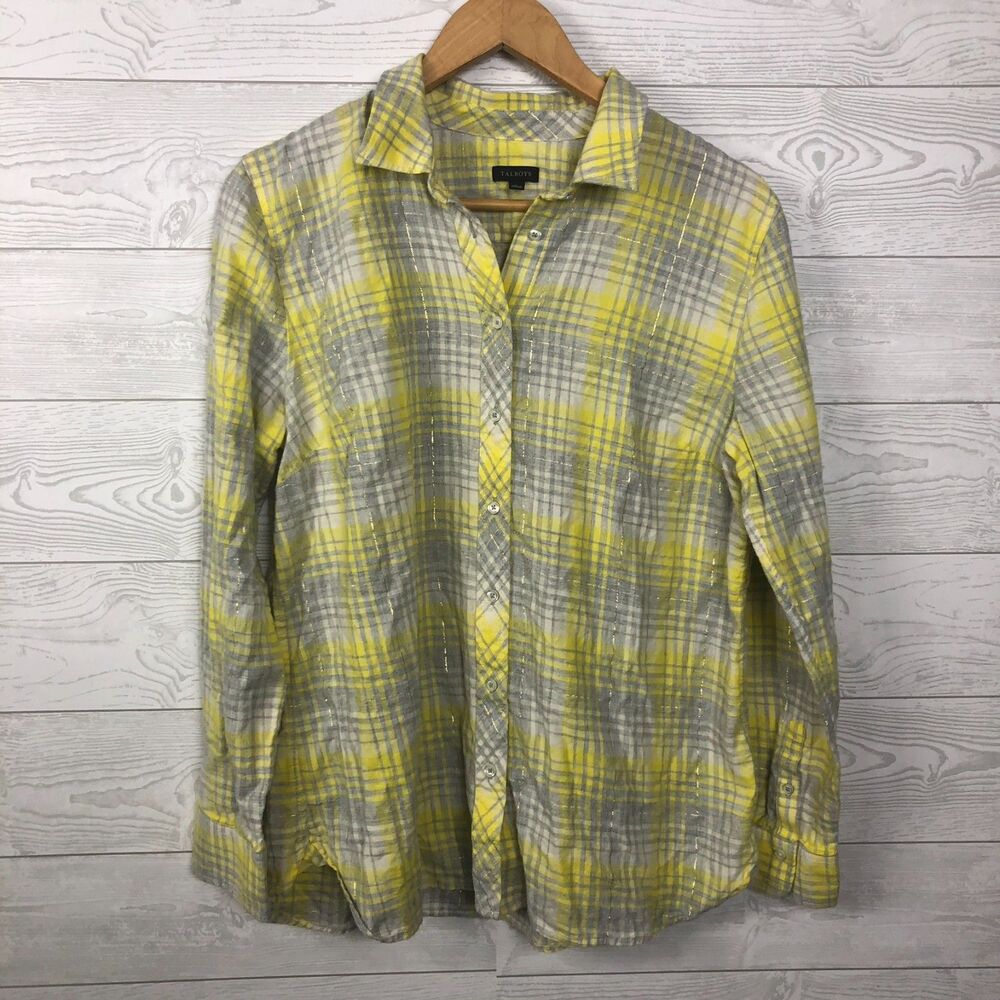 Talbot's Women's Large Plaid Long Sleeve Button Front Shirt Metallic Weave Top